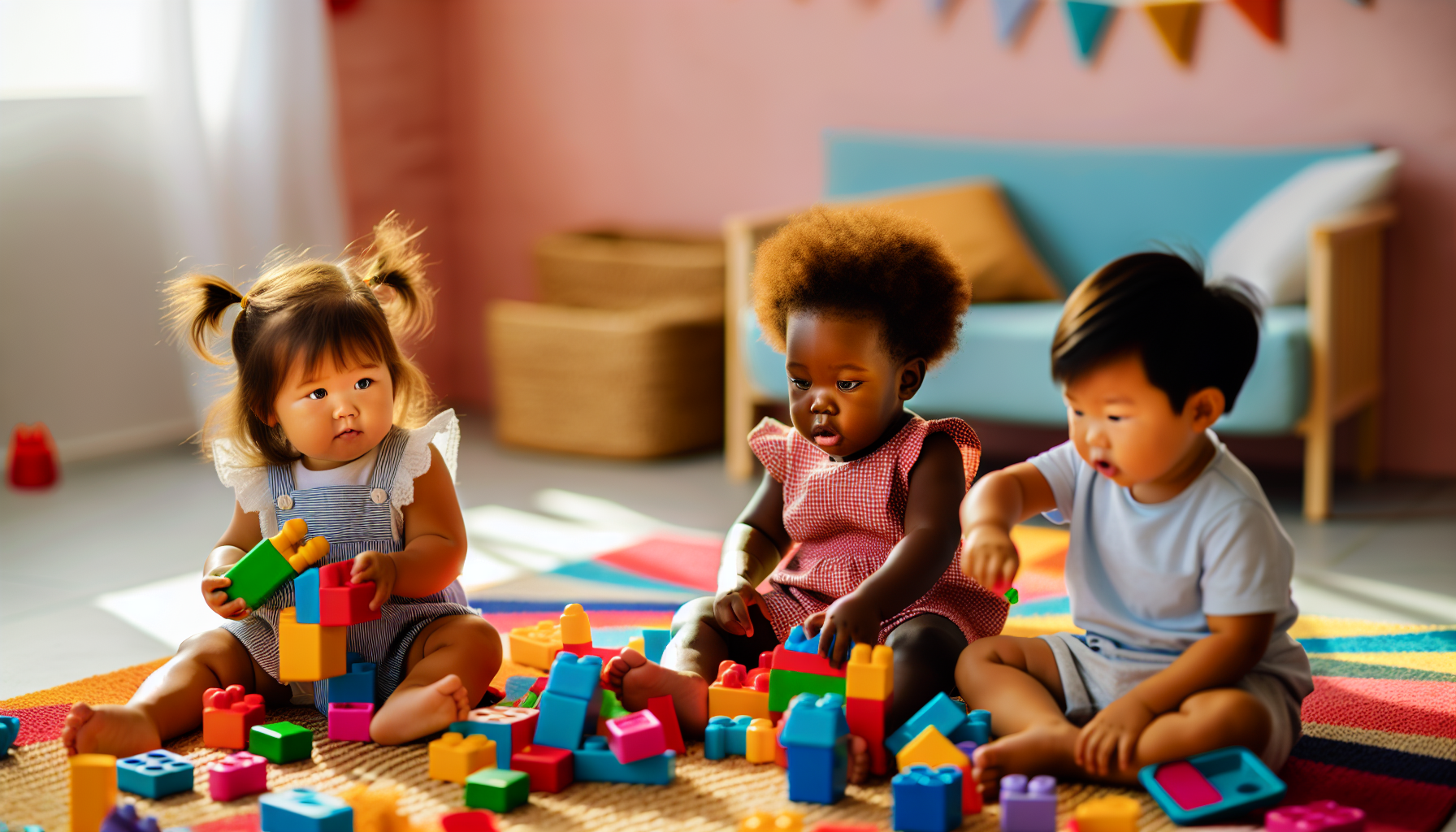 Toddlers playing with colorful building blocks