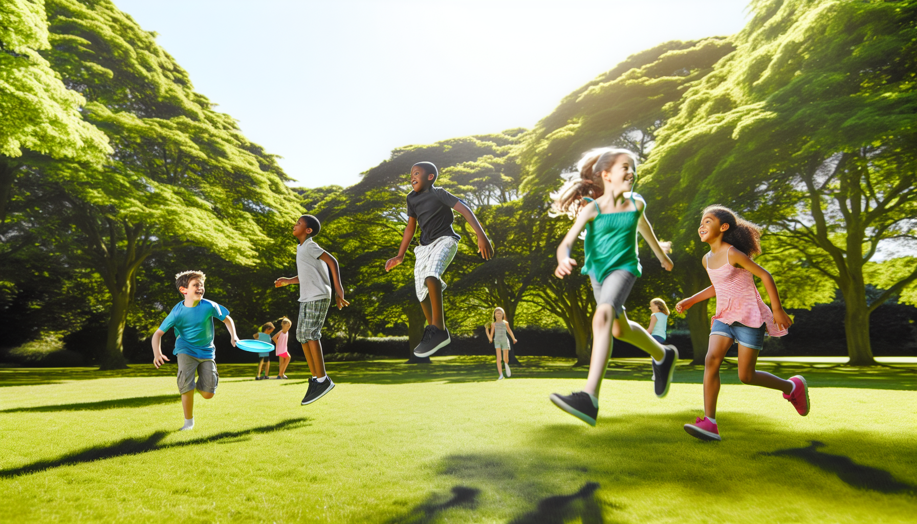 A group of children engaging in various physical activities in a park, promoting the benefits of youth sports for physical health