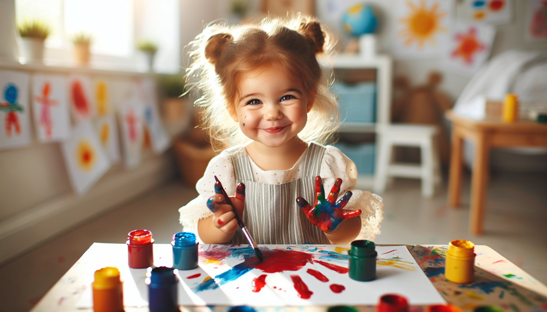 Preschooler finger painting with vibrant colors