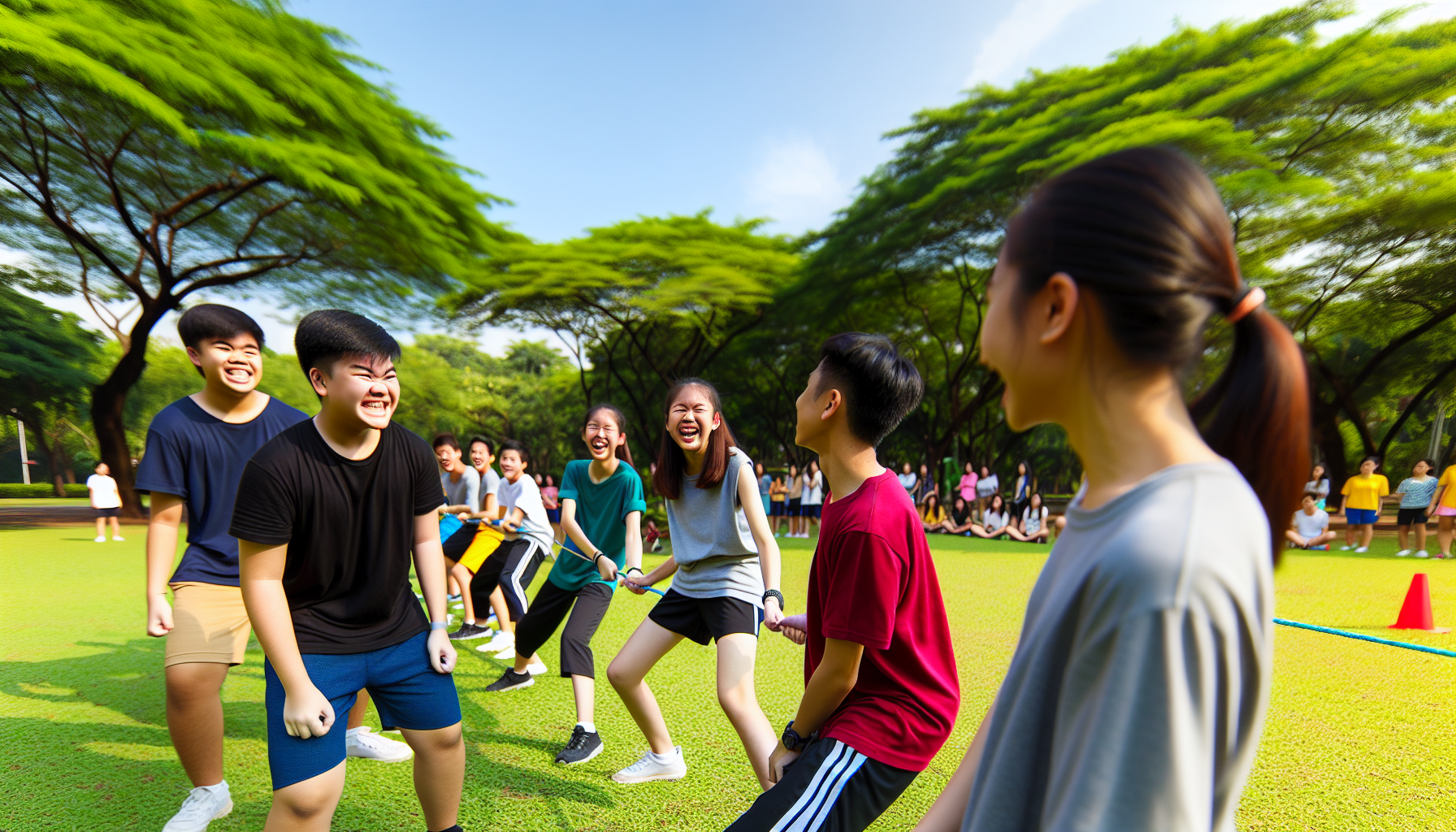 Teenagers enjoying a variety of fun exercises in an outdoor setting