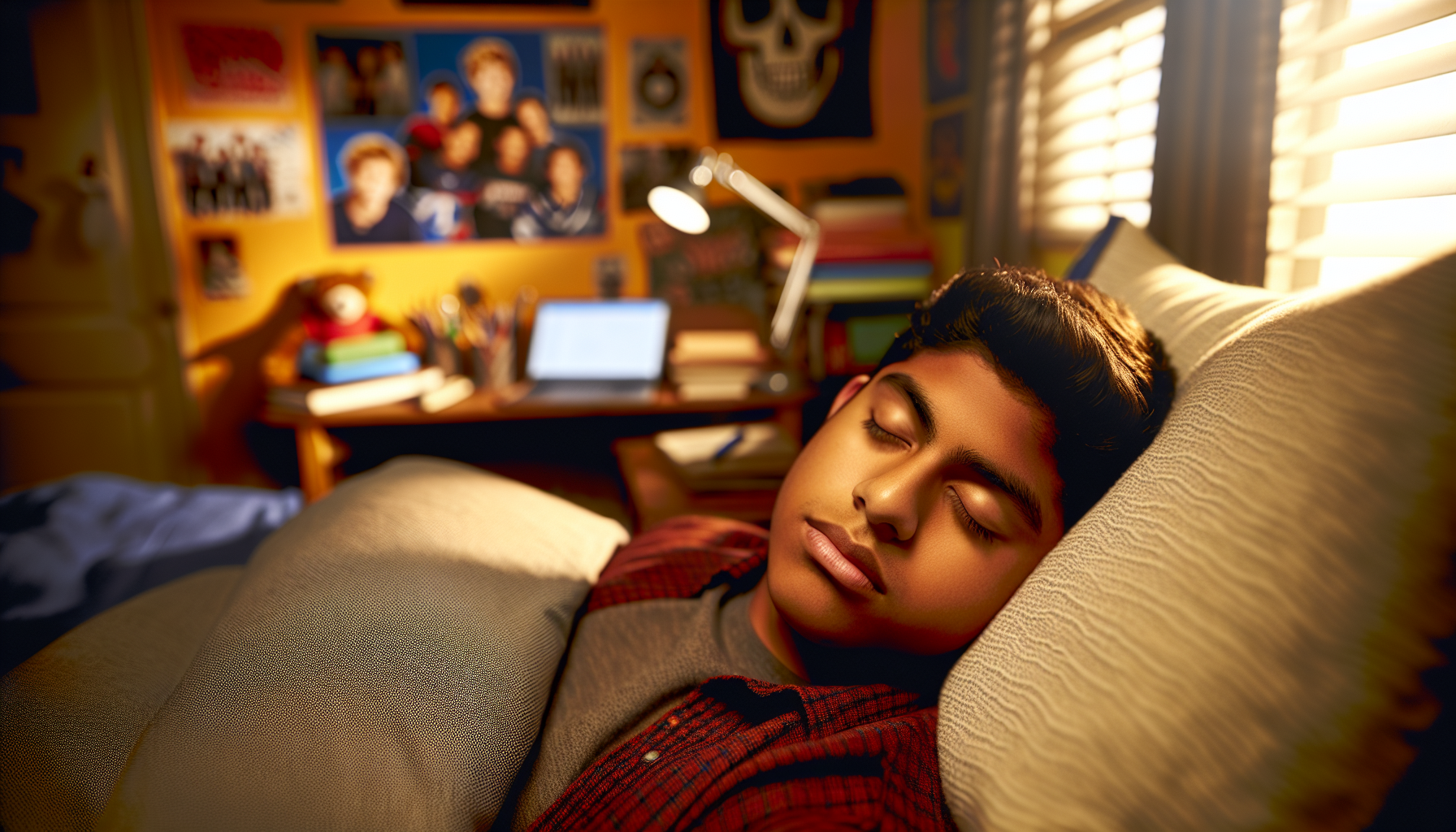 Sleep and Teen Nutrition: Image of a teenager sleeping peacefully in a well-lit, comfortable bedroom.