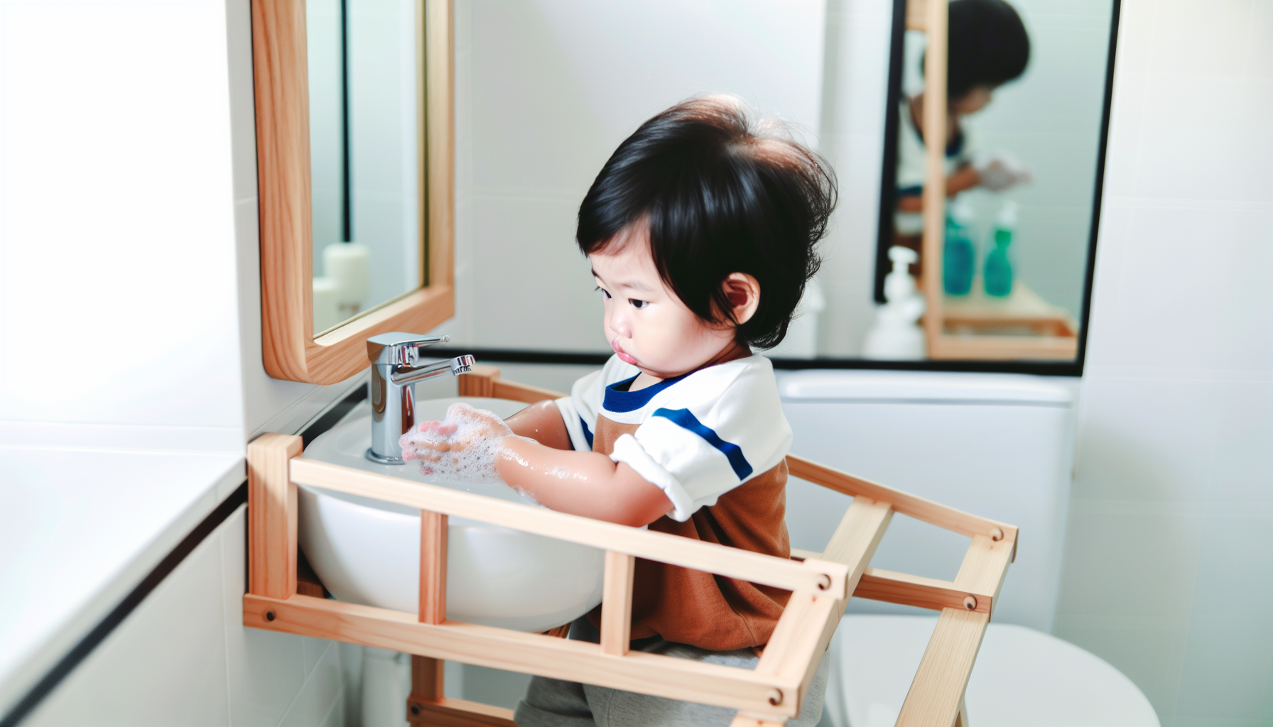 Toddler using a step stool to wash hands independently