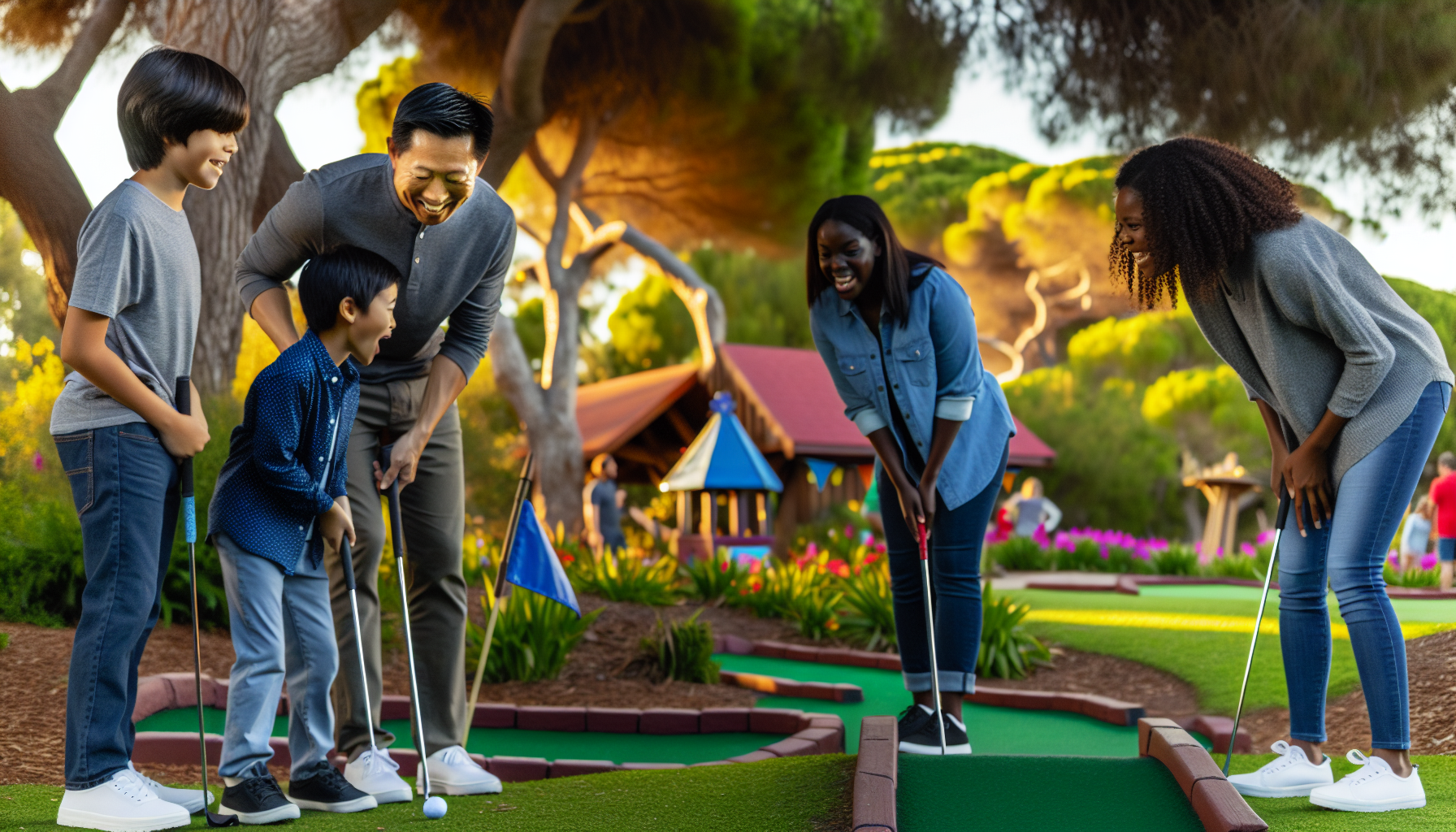 Family playing mini golf in a park