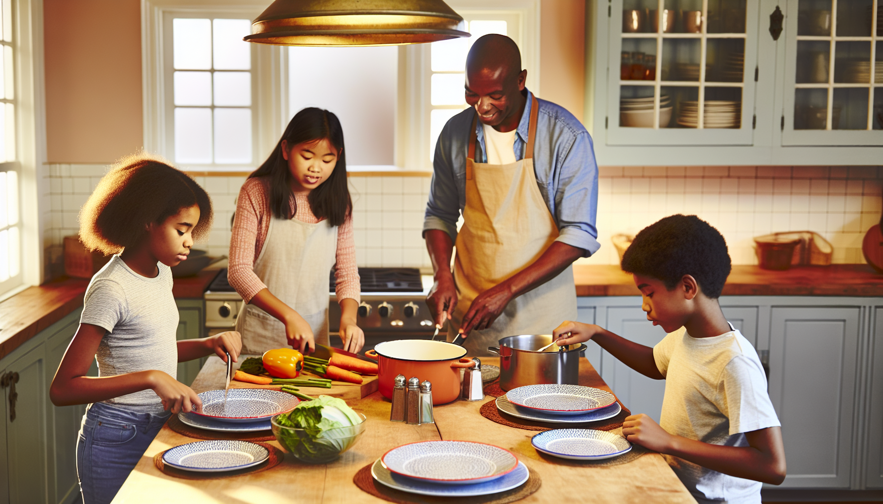 Encouraging Healthy Eating Habits: Image of a family cooking and enjoying a nutritious meal together.