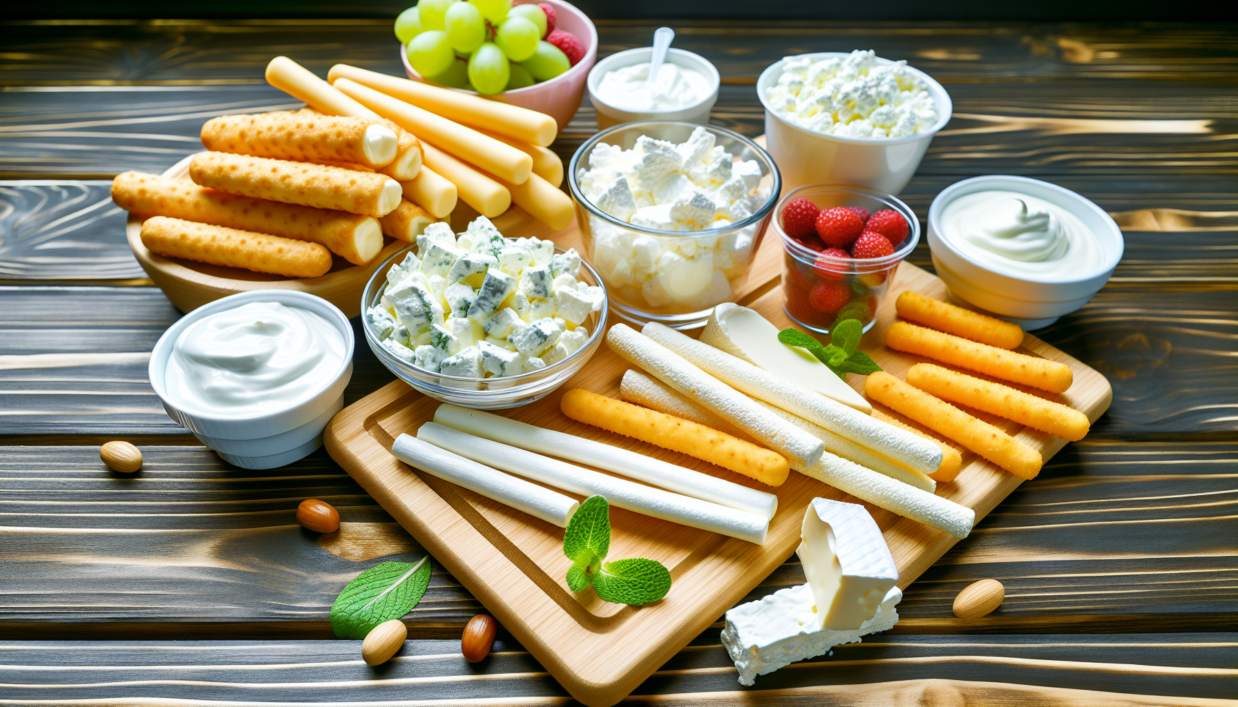 Assorted dairy snacks including cheese sticks, yogurt, and cottage cheese