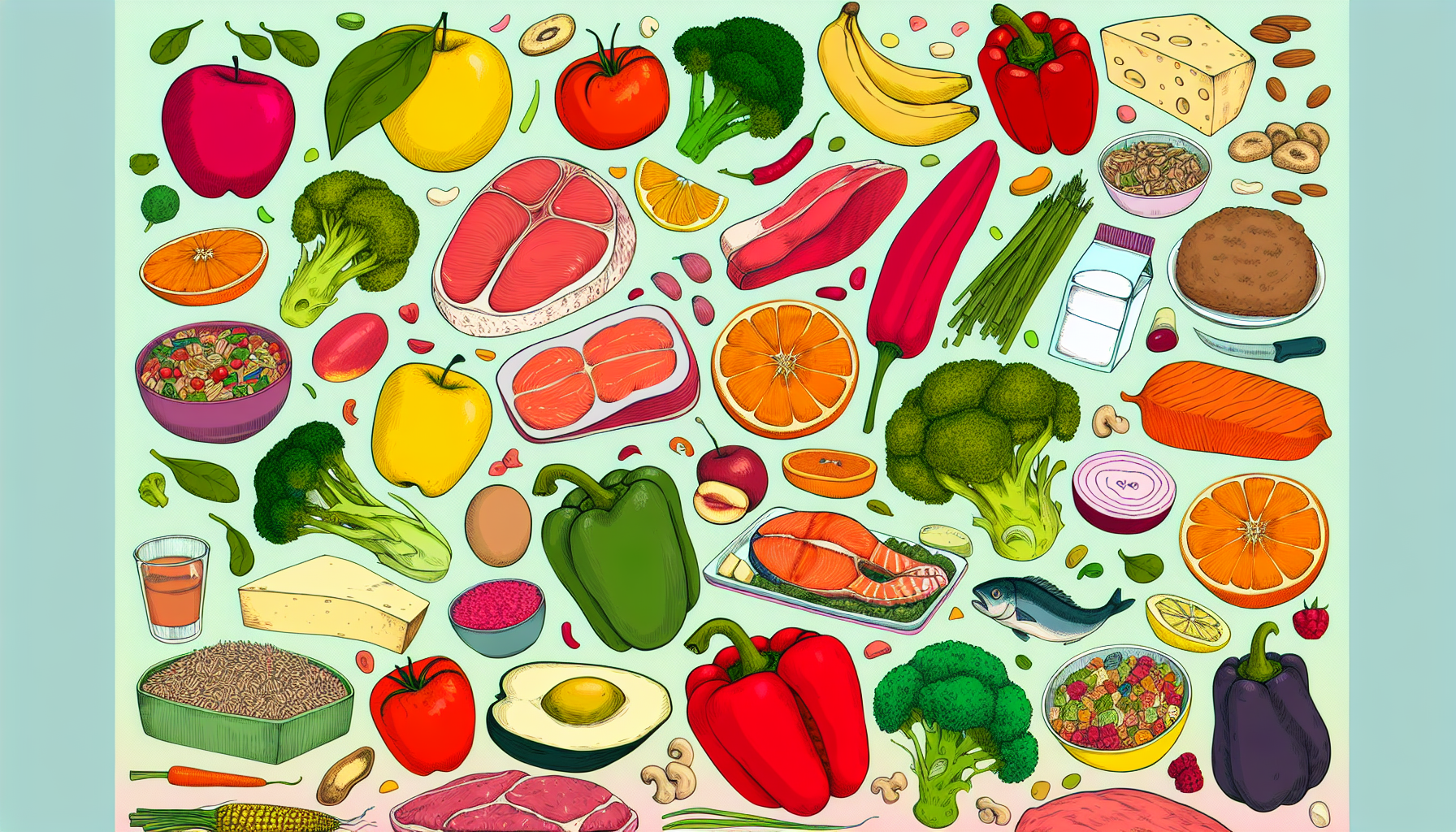 Teenage Nutritional Needs: Image of a diverse selection of healthy foods representing essential nutrients and vitamins for teens.