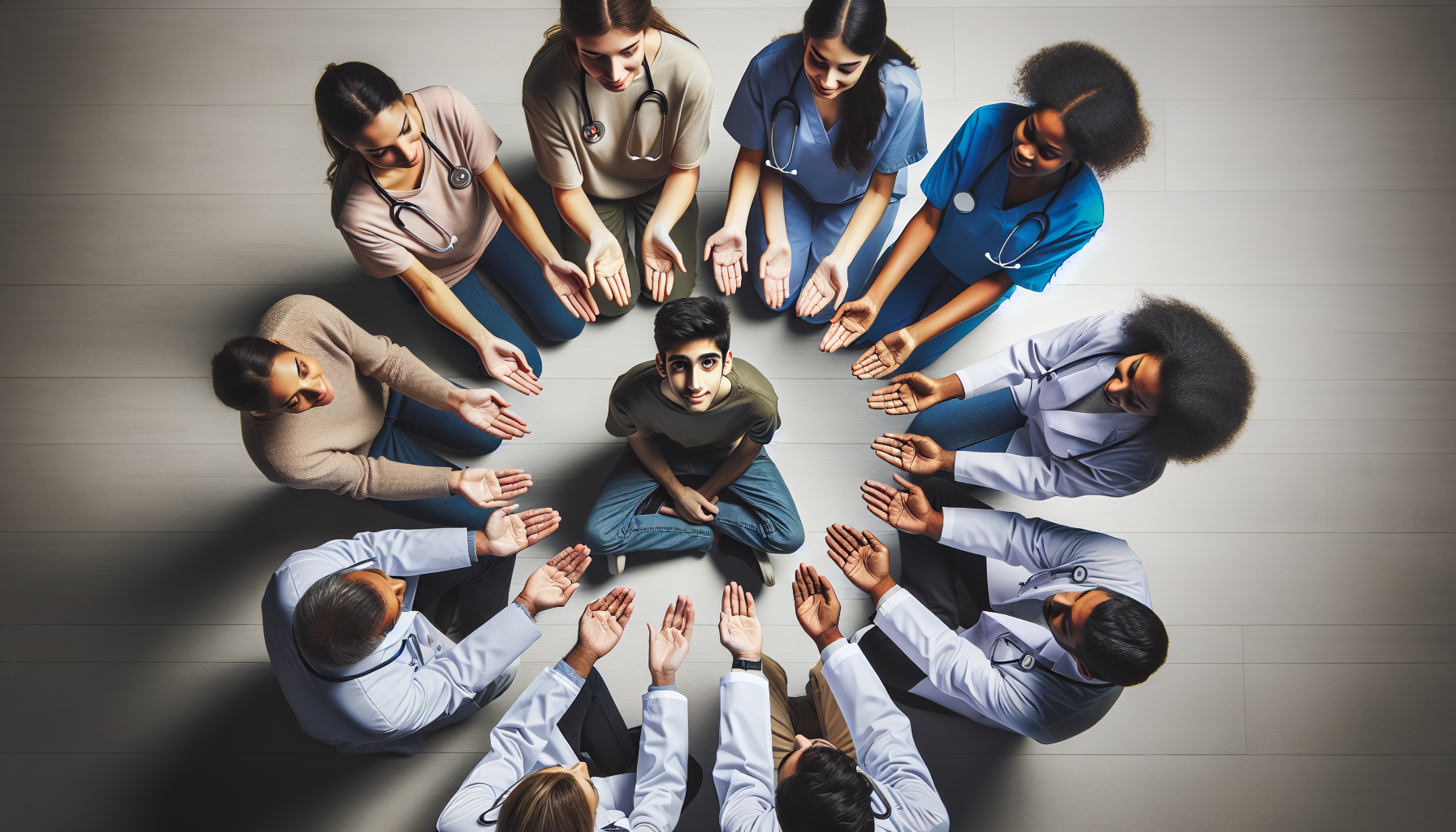 Illustration of a diverse group of health professionals providing support