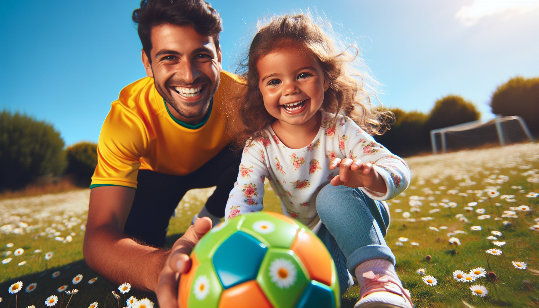 Preschooler playing soccer with a coach