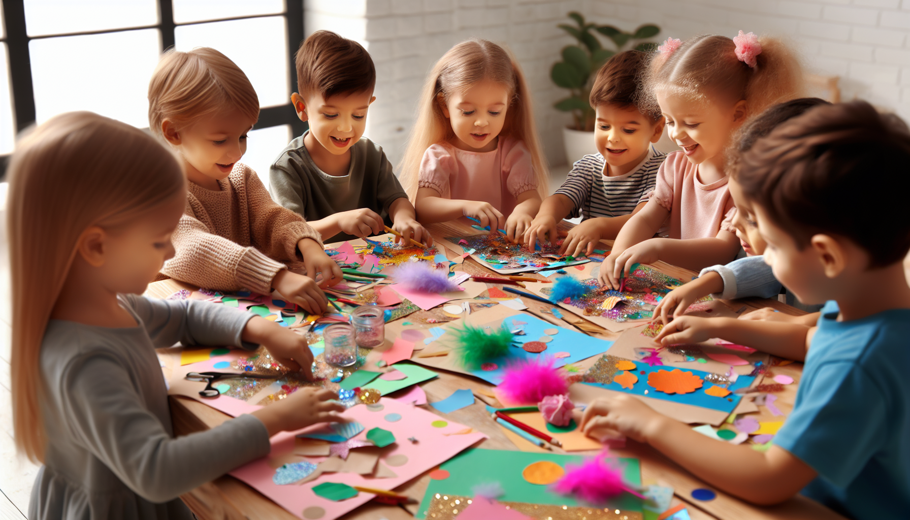 Children creating collages with various materials