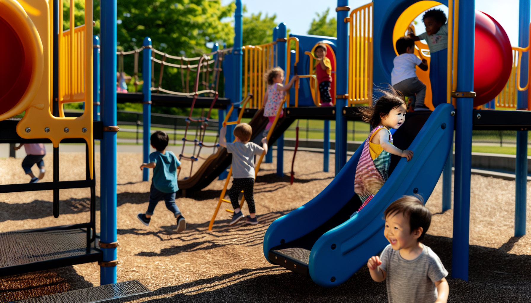 Toddlers climbing and exploring outdoor play equipment