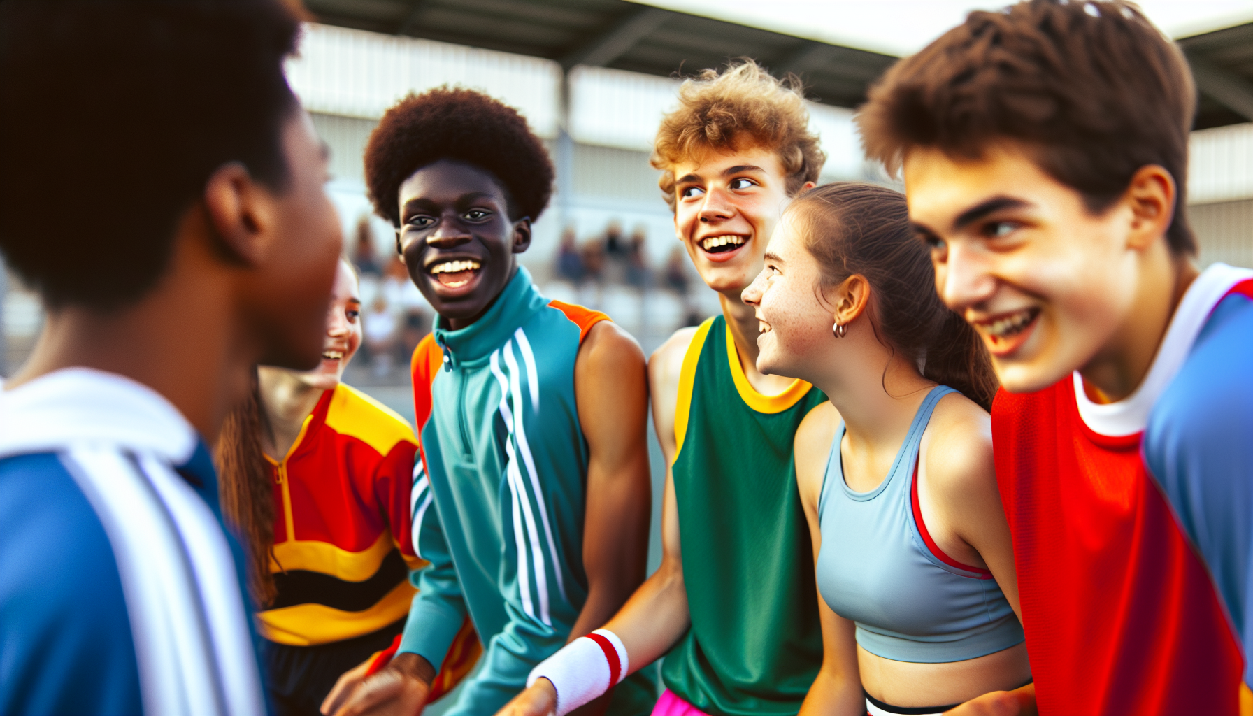 A group of young athletes interacting and building social connections during a sports event, highlighting the social dynamics of playing sports