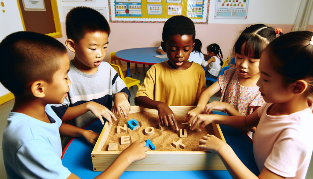 Children playing with letter blocks in sand tray