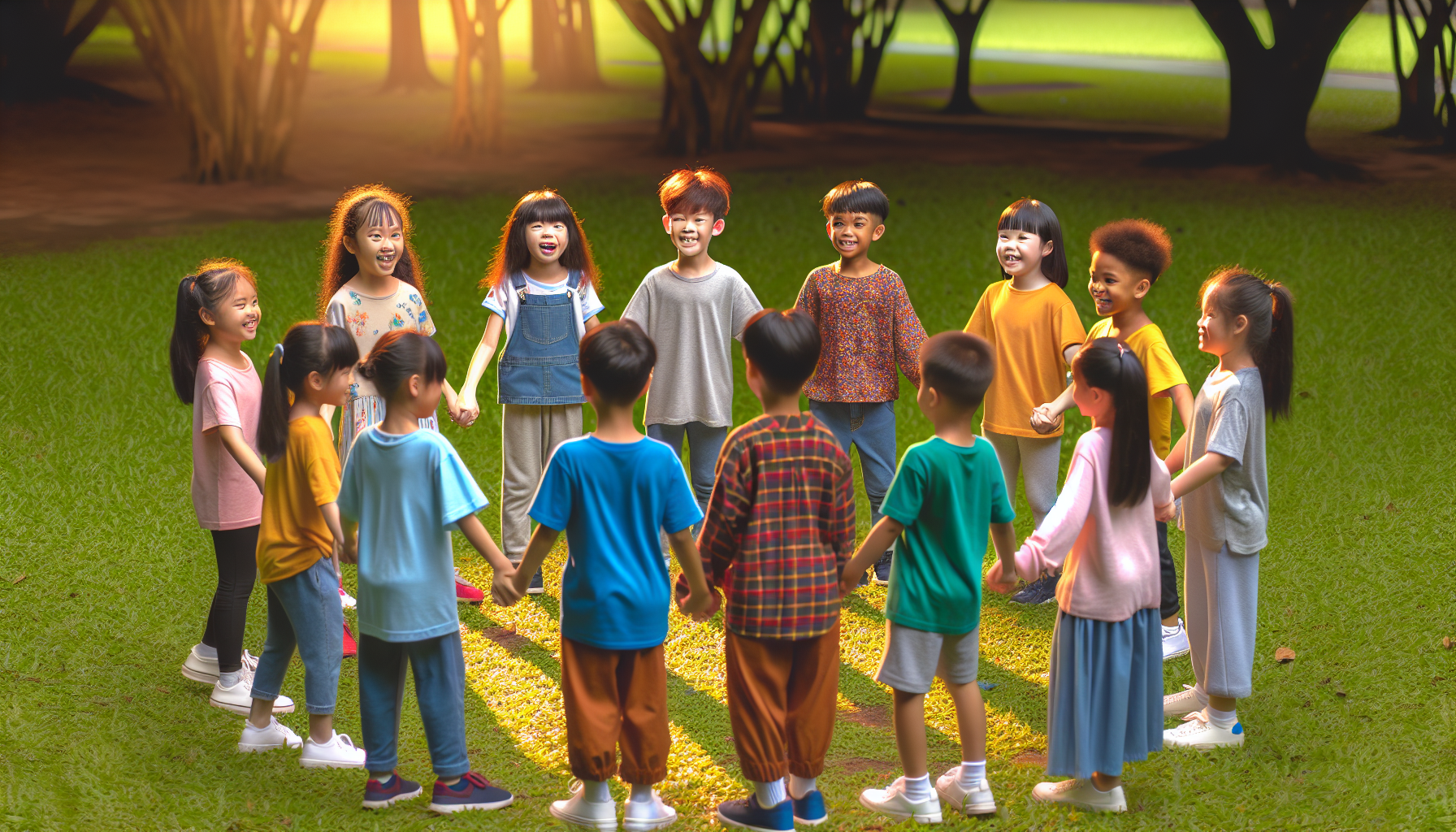 Children holding hands in a group game