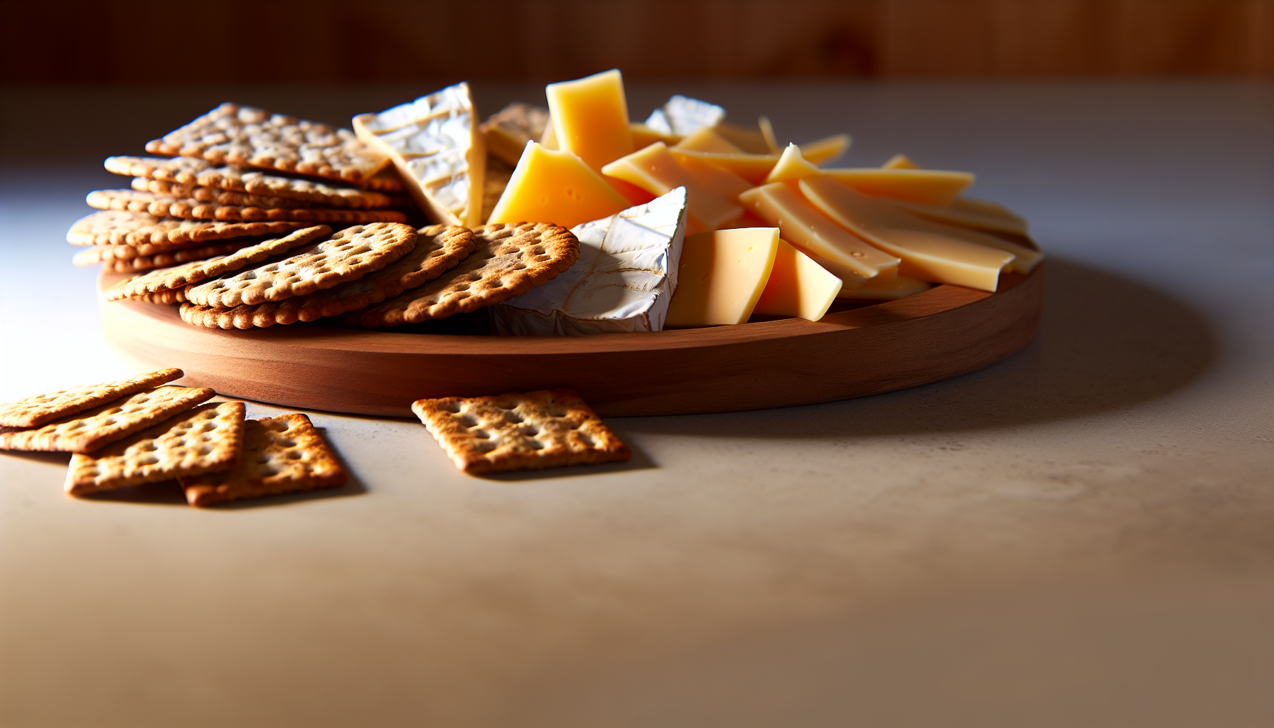 Whole grain crackers and cheese served on a platter