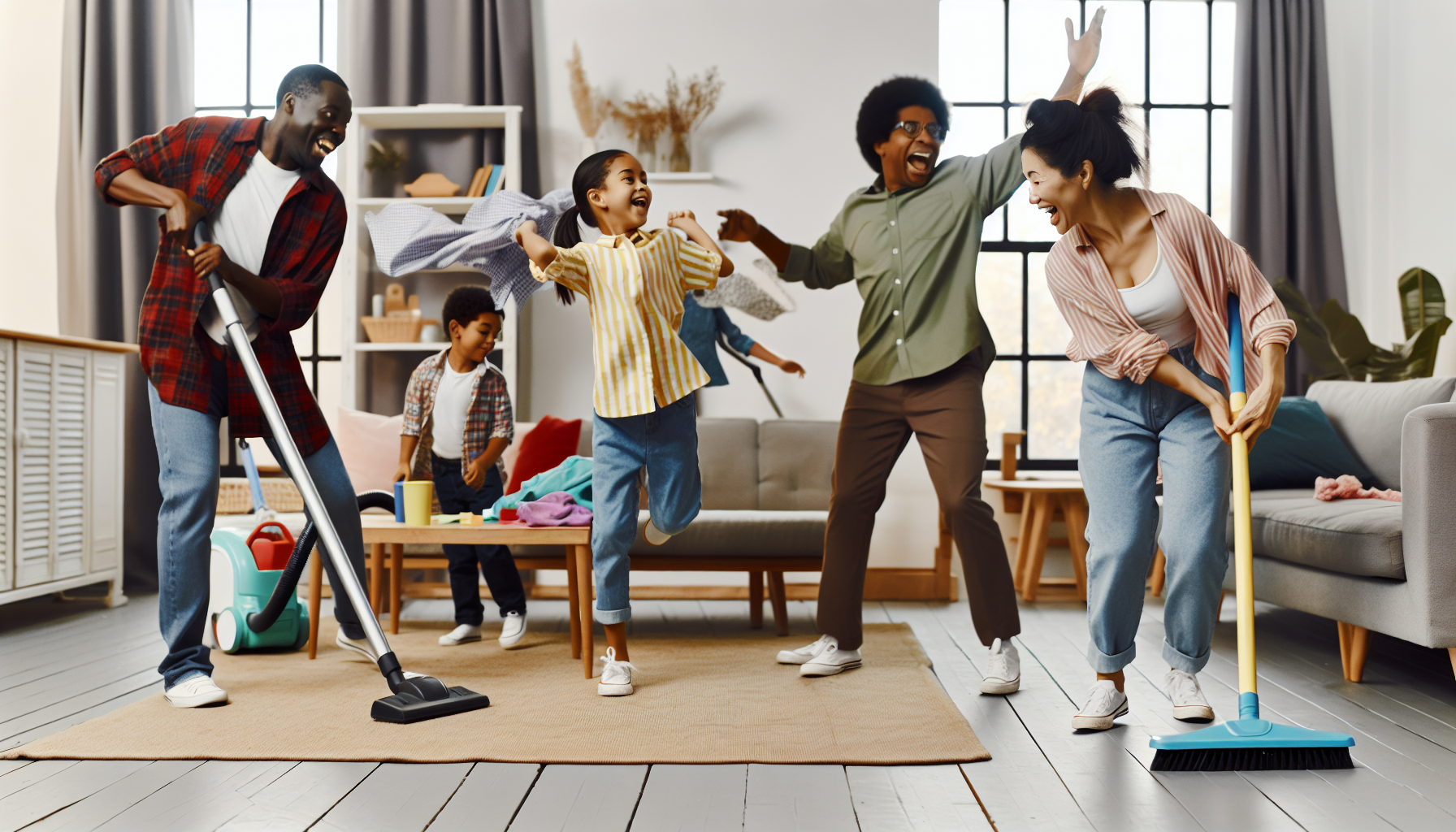 Family doing active chores together