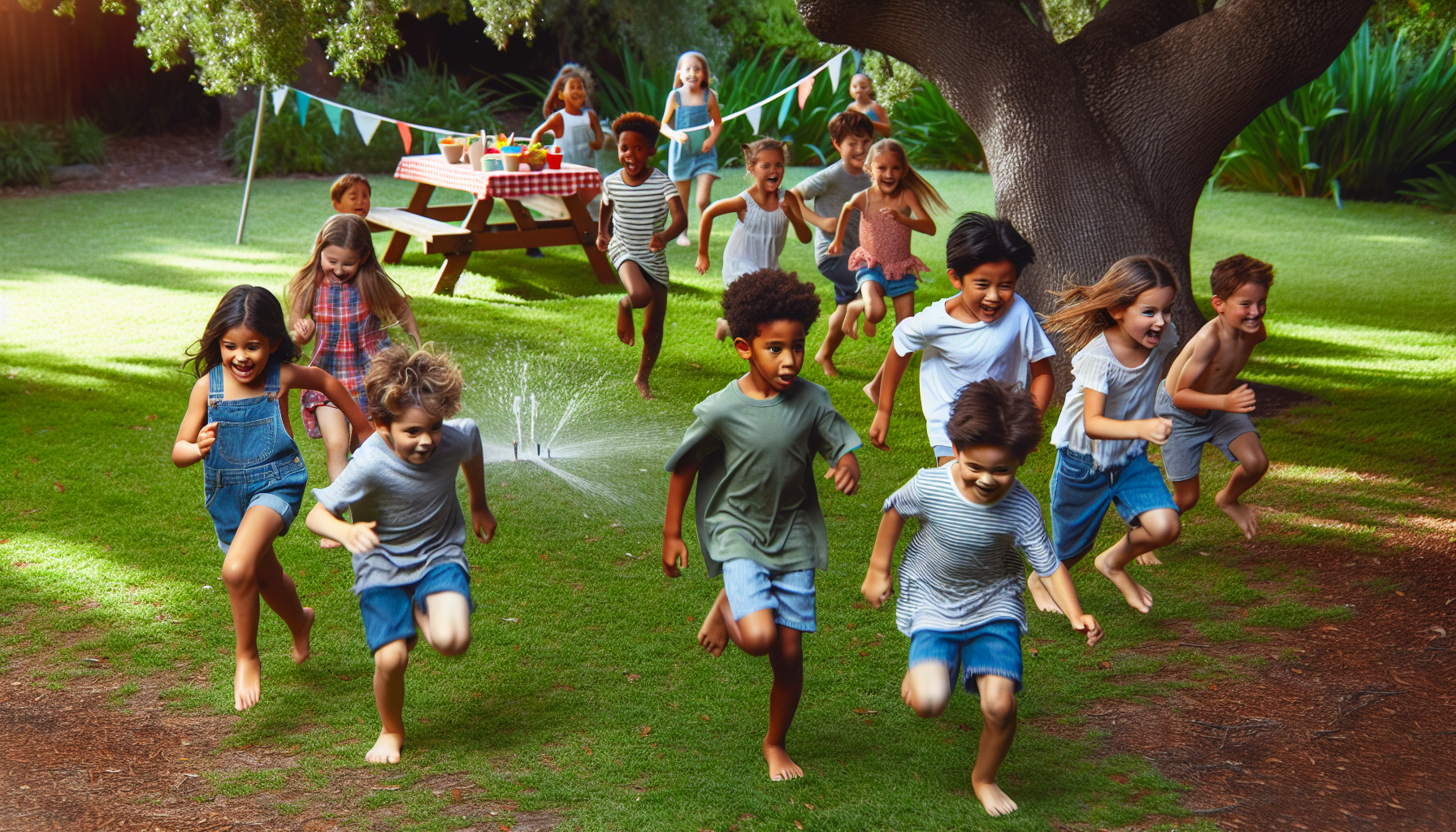 Kids playing tag in the backyard