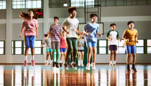 Students doing jumping jacks as part of warm-up routine in physical education class