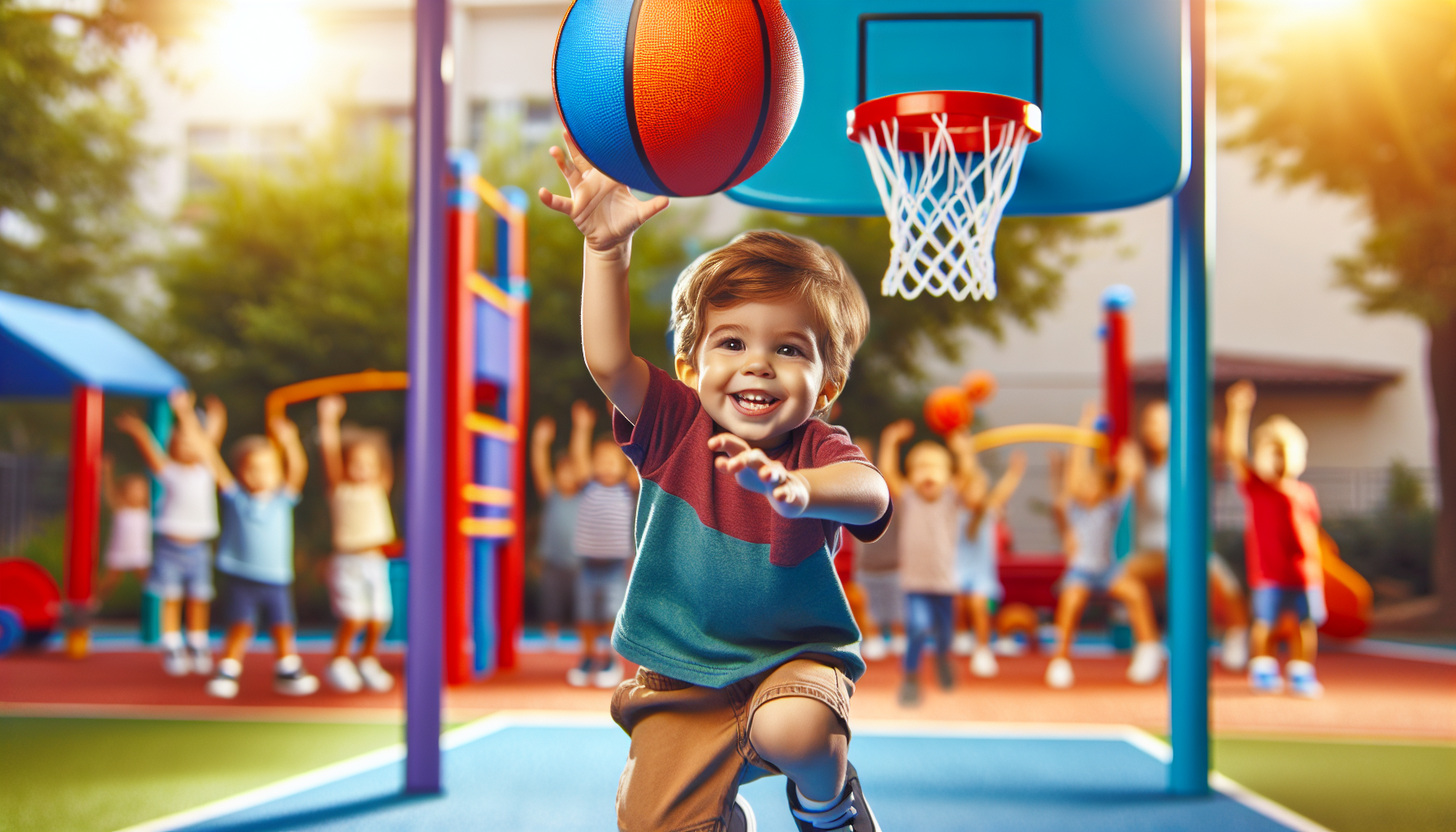 Preschooler playing mini basketball