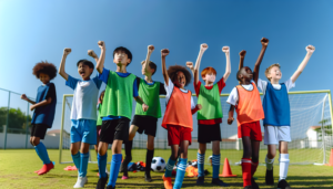 A diverse group of young athletes celebrating a victory on the sports field, showcasing the importance of youth sports