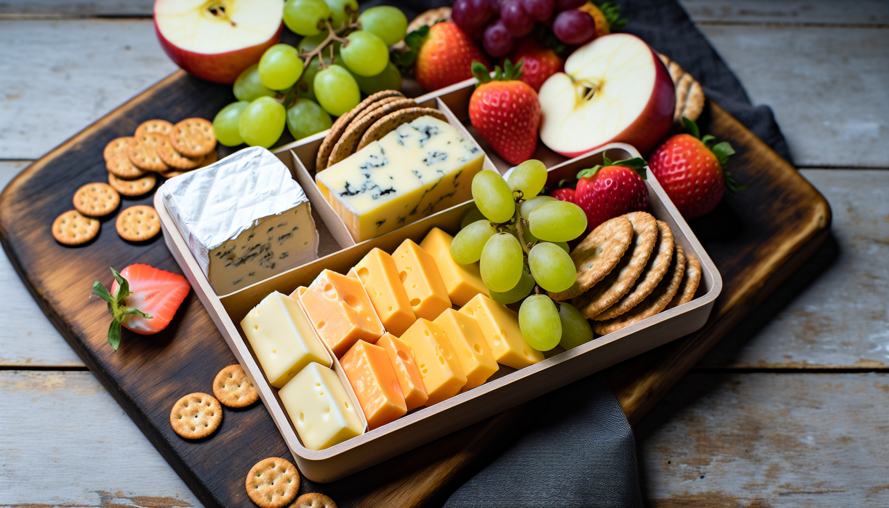 Variety of lunch box fillers including cheese, crackers, and fruits