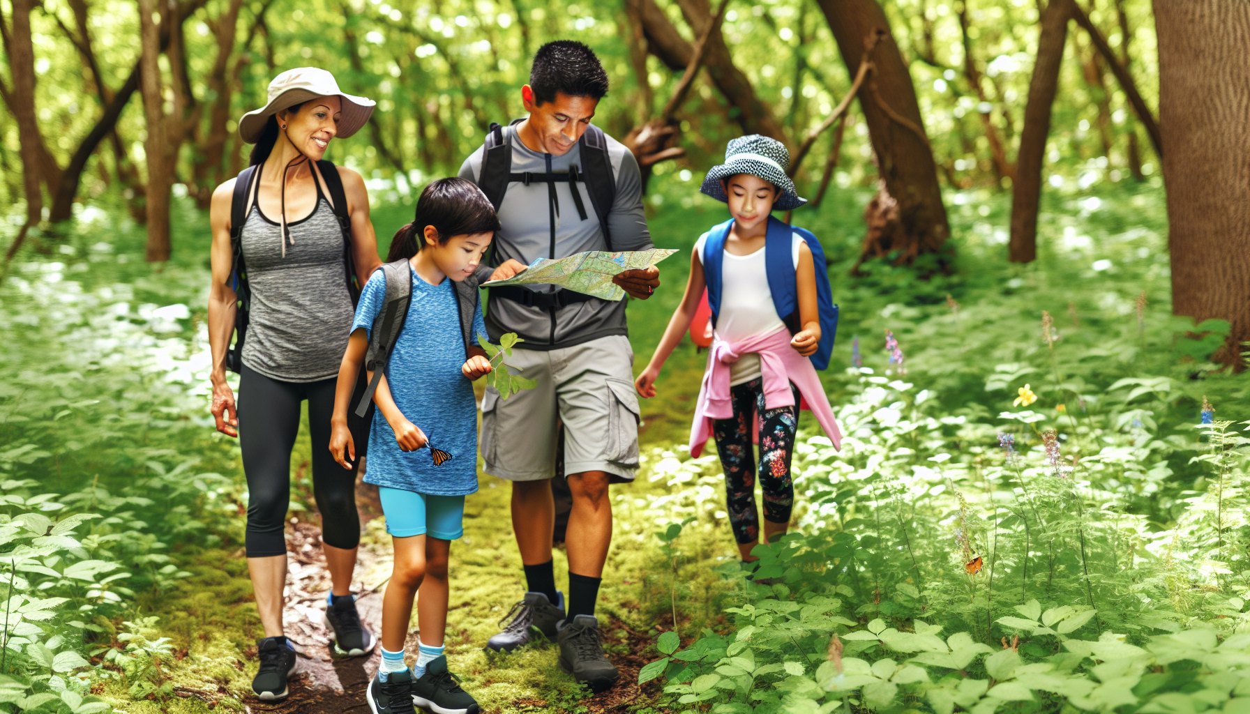 Family hiking in a forest