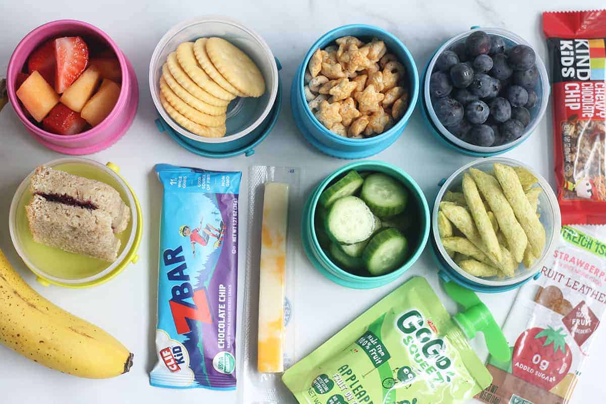 preschool snacks in containers on countertop